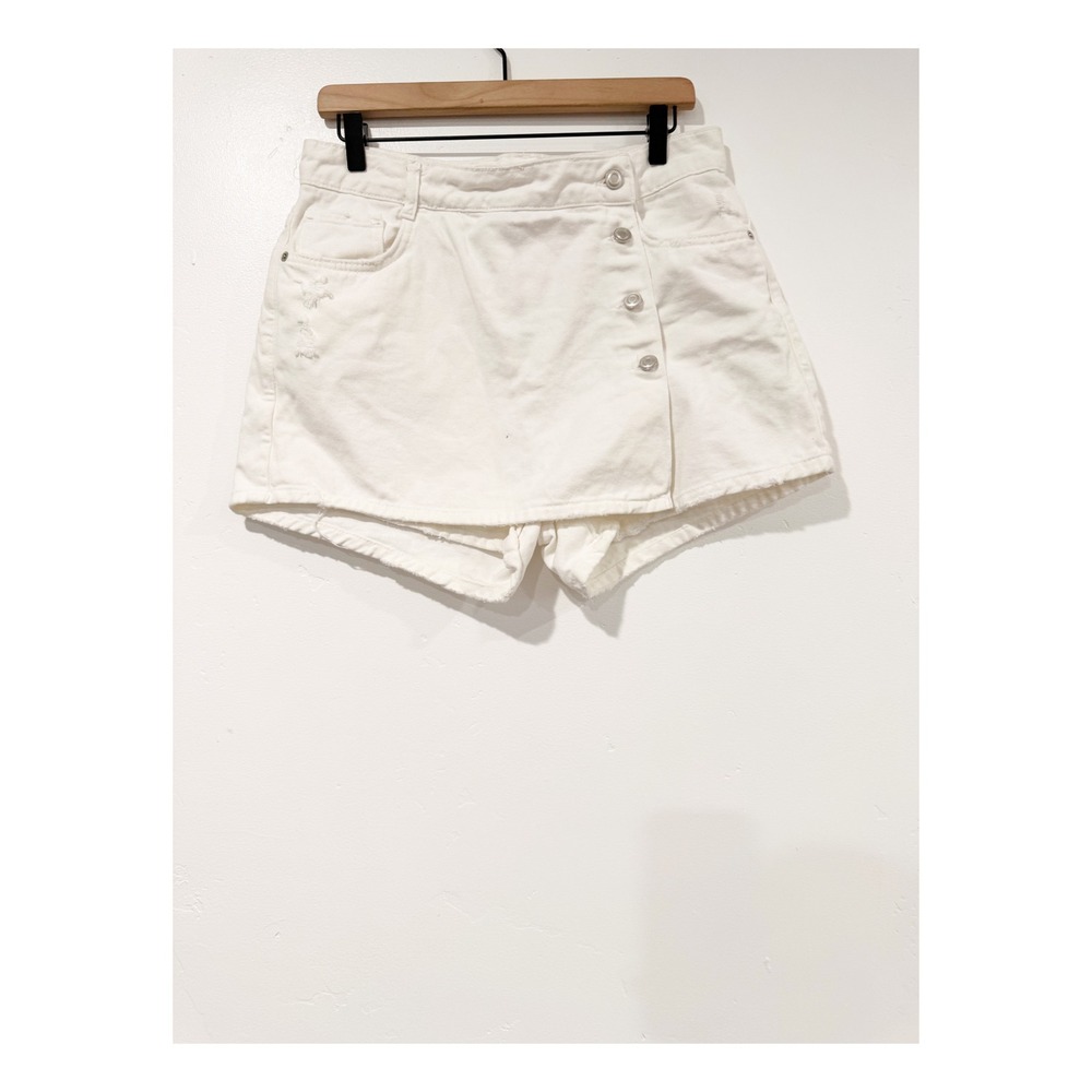 Zara White Denim Skort Distressed Raw Hem Asymmetric Button Front Size L